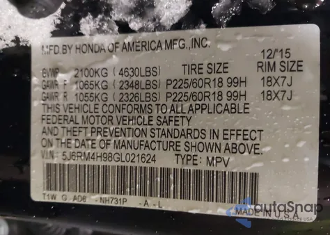 2016 Honda Cr-V Touring z USA, uszkodzony, nr VIN 5J6RM4H98GL021624